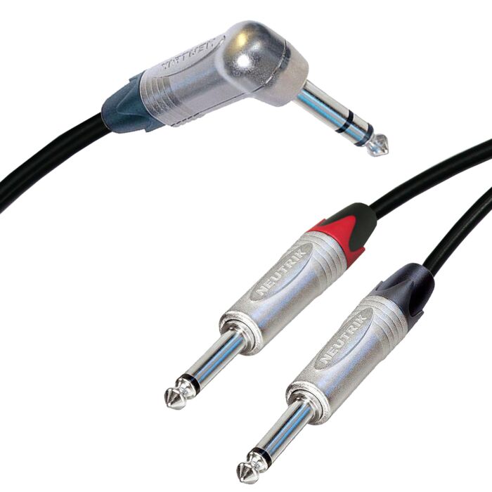 Neutrik Stereo Angle Jack to 2 xNeutrik Mono Jacks. Sommer ONYX 2025 Black Cable. Unbalanced Insert Splitter Lead