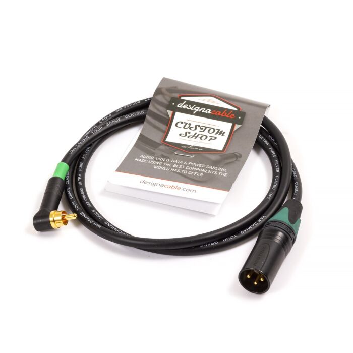 3502RABAU Angled RCA to Neutrik 3pin Male XLR Black. Quad Cable 1m Green Boots