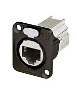 D-shape CAT6A panel connector. shielded. feedthrough. black housing . NE8FDX-P6-B